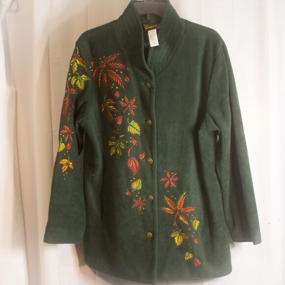 Bob Mackie Jackets & Blazers - Bob Mackie Wearable Art Jacket Women's Large Green Fleece Fall‎ Autumn Leaves
